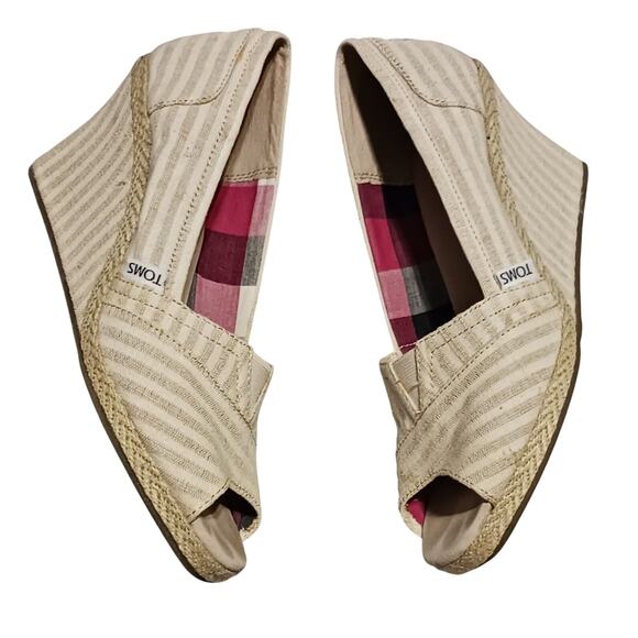 Toms Shoes Womens 8.5 Calypso Espadrille Wedge Heels SlipOn Beige Canvas PeepToe - Picture 6 of 9